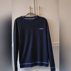 BOSS Men's Navy Long Sleeve Tee with Blue Accents